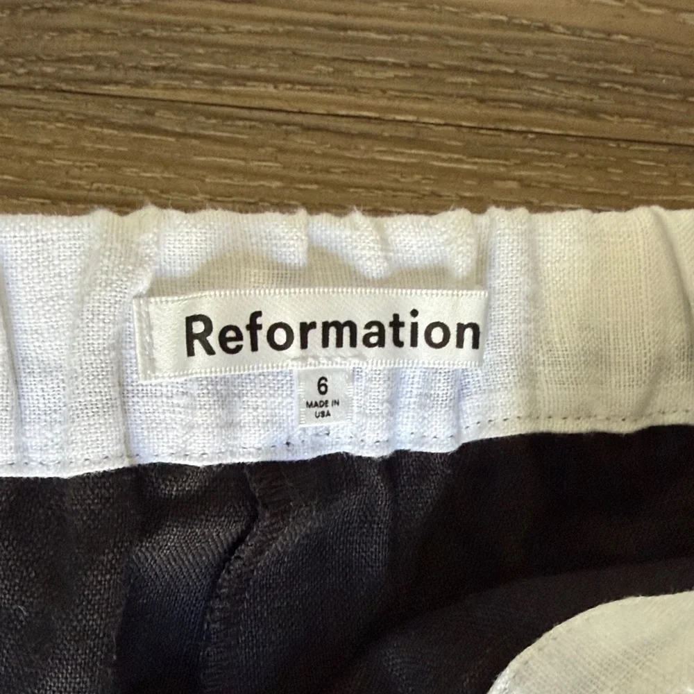 Reformation 100% Linen Black Wide Leg Pants with White Waistband Size: 6